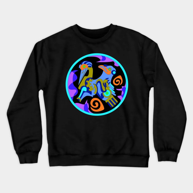 totonac birds in ancient mexican patterns ecopop floral glyph pictogram in blue Crewneck Sweatshirt by jorge_lebeau